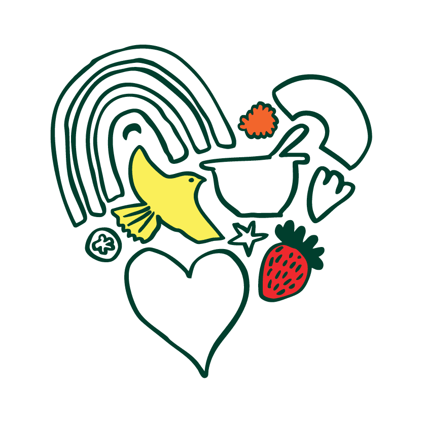 Illustration of a bird, a rainbow, a strawberry and a heart